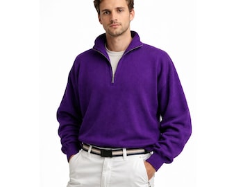 Vintage Meister 90s Purple Wool Blend Ski Sweater Mens L 1/2 Zip Mock Neck