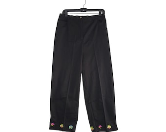 Quacker Factory Capri Pants Large 14/16 Black Embroidered Butterfly Hem Y2K NWOT