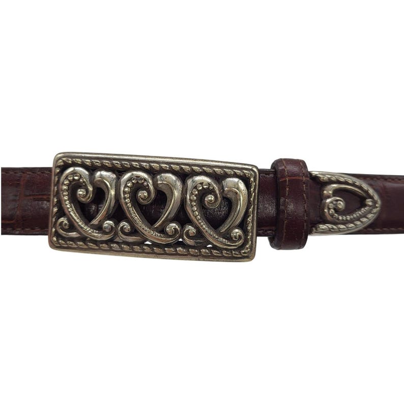 VTG Brighton Brown Leather Belt Silver Heart Buckle Croc Embossed Small 28 image 2