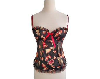 Top de lencería de malla con volantes y corsé estilo pin-up de Victoria's Secret, año 2000, talla L