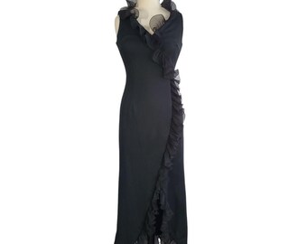 Vintage Black Ruffle Wrap Maxi Dress ILGWU 80s Evening Formal Gown 10 Statement