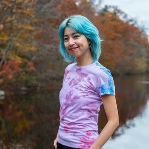 Unique hand dyed soft lavender shirt with pink, purple, and blue tie dye
