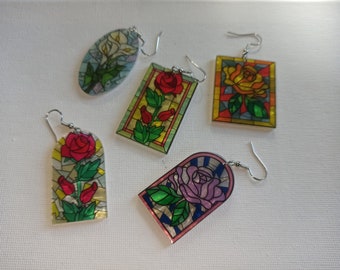 Boucles d'oreilles - Fenêtre en Verre Fleur Colorée, Antique,