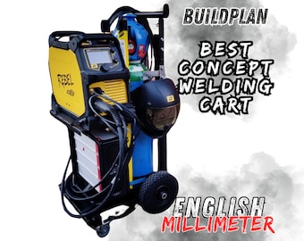 May include: A black welding cart with a yellow and black welding machine, a blue gas tank, and a black welding helmet. The cart has four wheels and a handle. The cart is labeled "BUILDPLAN BEST CONCEPT WELDING CART ENGLISH MILLIMETER".
