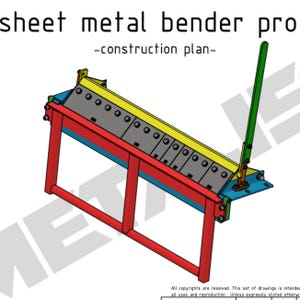 May include: A construction plan for a sheet metal bender pro. The plan shows a red metal frame with a yellow and blue metal bending plate. The bender is operated by a green lever.