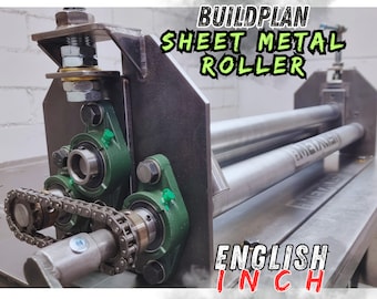May include: A metal sheet metal roller with a chain drive system. The roller is made of metal and has a green and black color scheme. The roller is labeled "BUILDPLAN SHEET METAL ROLLER ENGLISH INCH".