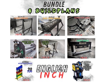 May include: A collage of eight different metalworking build plans in English units. The plans include a welding cart, a metal roller, a workshop press, a mobile welding table, a metal brake, a metal bender, a universal metal bender, and a metal sawhorse.