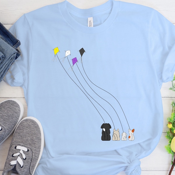 Animals Flying Kites Nonbinary Shirt - Gender Neutral Shirt - Kawaii Dog Owner, Cute Cat Lover, Subtle Enby Pride, Nonbinary Flag Color