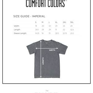 May include: Size chart for t-shirts in imperial measurements. The chart shows the width, length, and sleeve length in inches for sizes S, M, L, XL, 2XL, and 3XL. The chart is labeled "Comfort Colors" and "The Pride State".