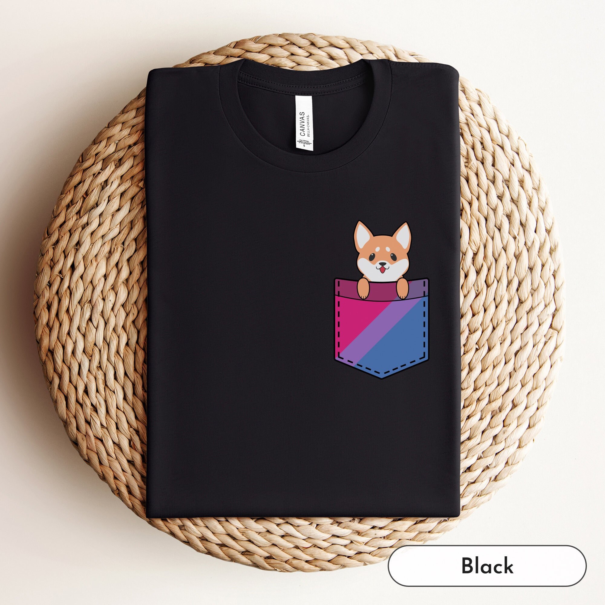 Maglietta bisessuale con Shiba Inu kawaii in tasca finta, bisessuale, orgoglio bisessuale, regalo bisessuale, orgoglio bisessuale sottile, maglietta orgoglio bisessuale, orgoglio sottile