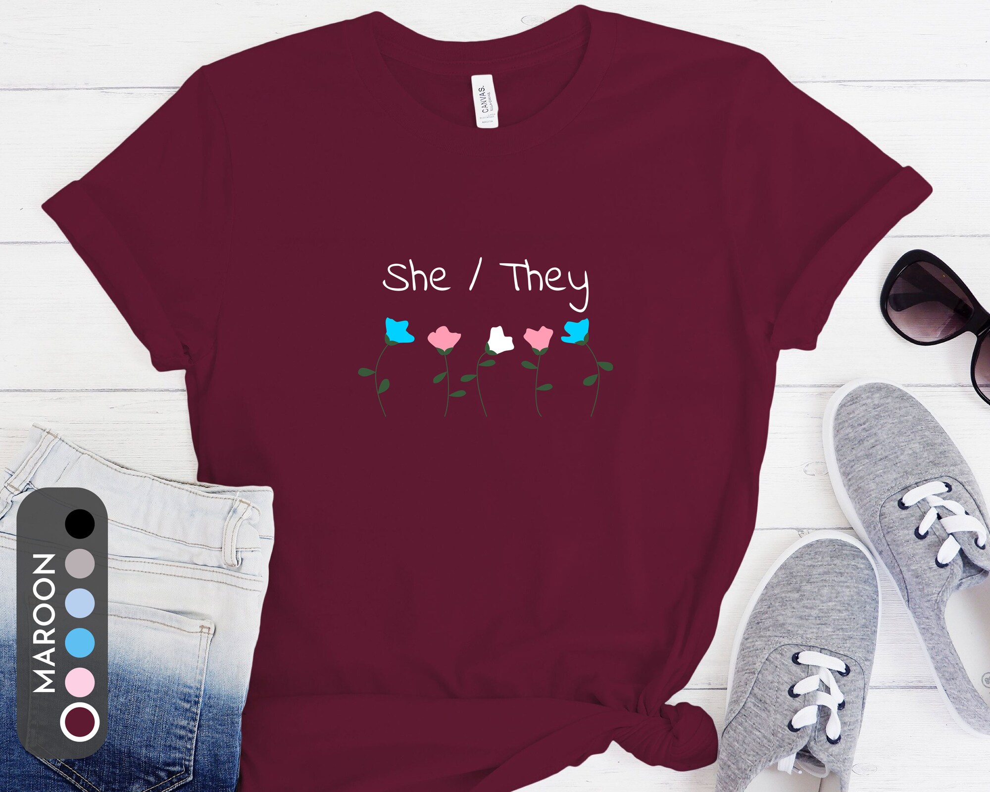 Discover She/They Pronouns Trans Flower T-Shirt