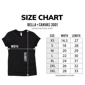 K&ouml;nnte beinhalten: Gr&ouml;&szlig;entabelle f&uuml;r Bella + Canvas 3001 Unisex-Shirts. Die Tabelle zeigt die Breite und L&auml;nge in Zoll f&uuml;r die Gr&ouml;&szlig;en XS bis 3XL.