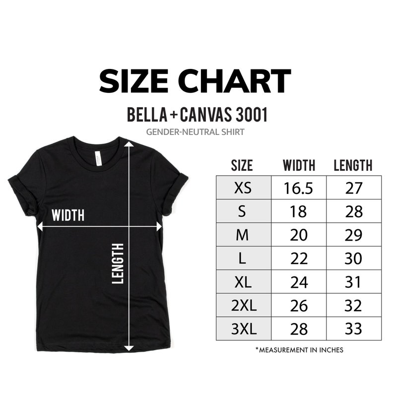 K&ouml;nnte beinhalten: Gr&ouml;&szlig;entabelle f&uuml;r Bella + Canvas 3001 Unisex-Shirts. Die Tabelle zeigt die Breite und L&auml;nge in Zoll f&uuml;r die Gr&ouml;&szlig;en XS bis 3XL.