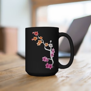 Dark Sakura Lesbian Black Mug, Lesbian Coffee Mug, Lesbian Tea, Lesbian Pride, Subtle Lesbian, Lesbian Gift, Black Mug 15oz