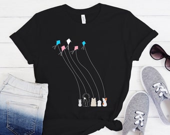 Animals Flying Kites Trans Shirt - Gender Neutral Shirt - Kawaii Dog Owner, Cute Cat Lover, Subtle Transgender Pride, Trans Flag Color