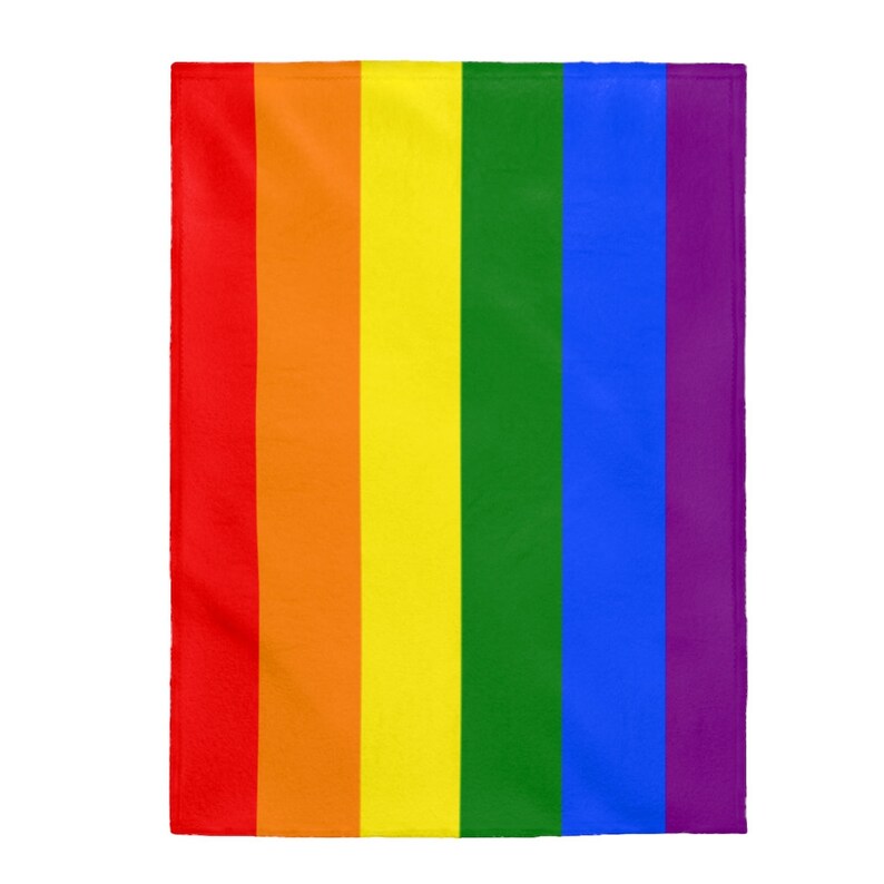 May include: A rainbow-colored flag with six vertical stripes: red, orange, yellow, green, blue, and purple.