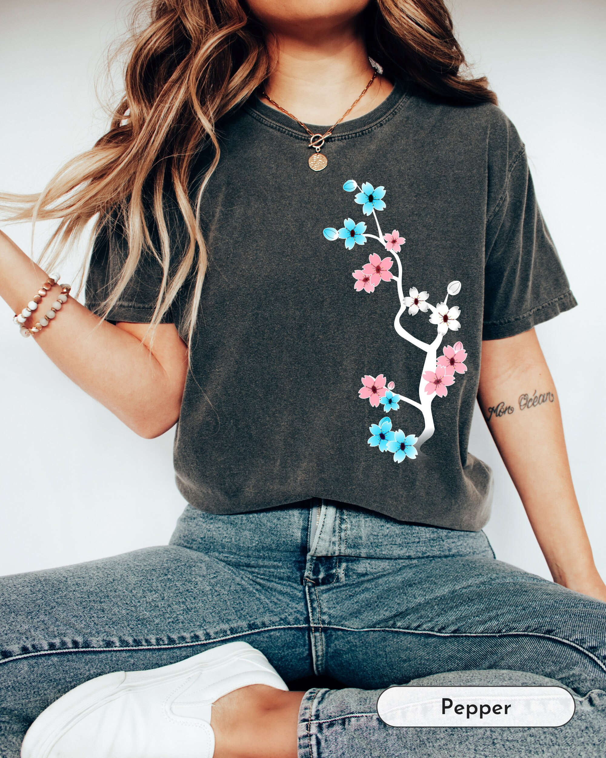 Comfort Colors® Dark Sakura Trans Shirt, Trans Pride Tee, Subtle Trans Pride, Trans Gift, Trans Flag Colors, Cute Trans Tshirt, Trans Tee