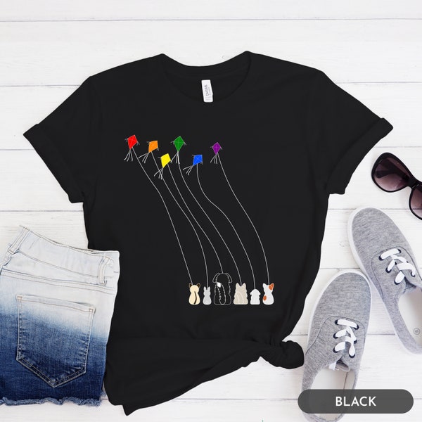Animals Flying Kites LGBTQ Shirt - Gender Neutral Shirt - Kawaii Dog Owner, Cute Cat Lover, Subtle Queer Pride, LGBT Flag Color