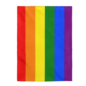 May include: A rainbow-colored fabric with six vertical stripes in the colors red, orange, yellow, green, blue, and purple.