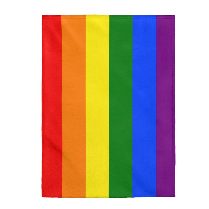 May include: A rainbow-colored fabric with six vertical stripes in the colors red, orange, yellow, green, blue, and purple.