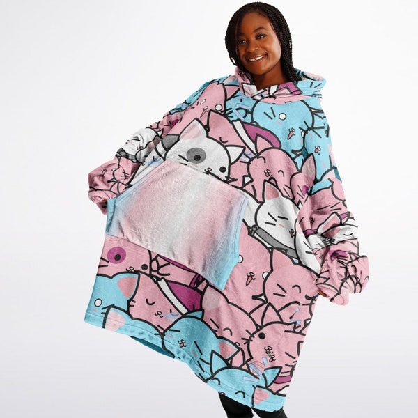 Kawaii Cats Trans Hoodie Blanket, Oversized Transgender Hoodie, Trans Blanket, Trans Pride, Trans Rights, Subtle Pride, Kawaii Trans Gifts