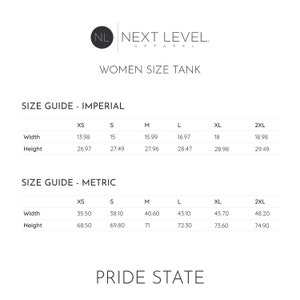 May include: Size chart for women's tank tops in imperial and metric measurements. The chart shows the width and height of the tank top in inches and centimetres for sizes XS, S, M, L, XL, and 2XL.