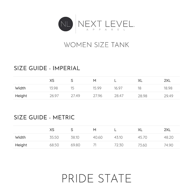 May include: Size chart for women's tank tops in imperial and metric measurements. The chart shows the width and height of the tank top in inches and centimetres for sizes XS, S, M, L, XL, and 2XL.