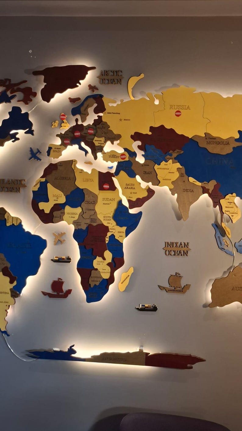 Personalized 3D Wooden World Map With LED Backlight - Custom Colors ...