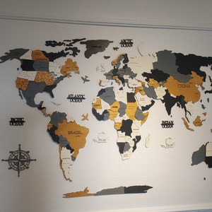 Mapa del mundo de madera 3D personalizado para pared: países multicolores y texturizados: decoración personalizada para el hogar y la oficina: acabado apto para personas alérgicas