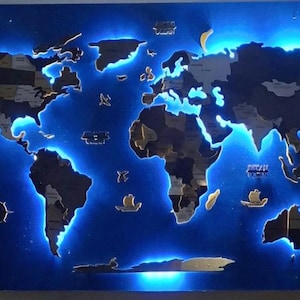 Art mural carte du monde en bois, carte de voyage rétro-éclairée LED, carte du monde en bois en couches 3D, carte personnalisée avec punaises, cadeau unique pour mari et couple