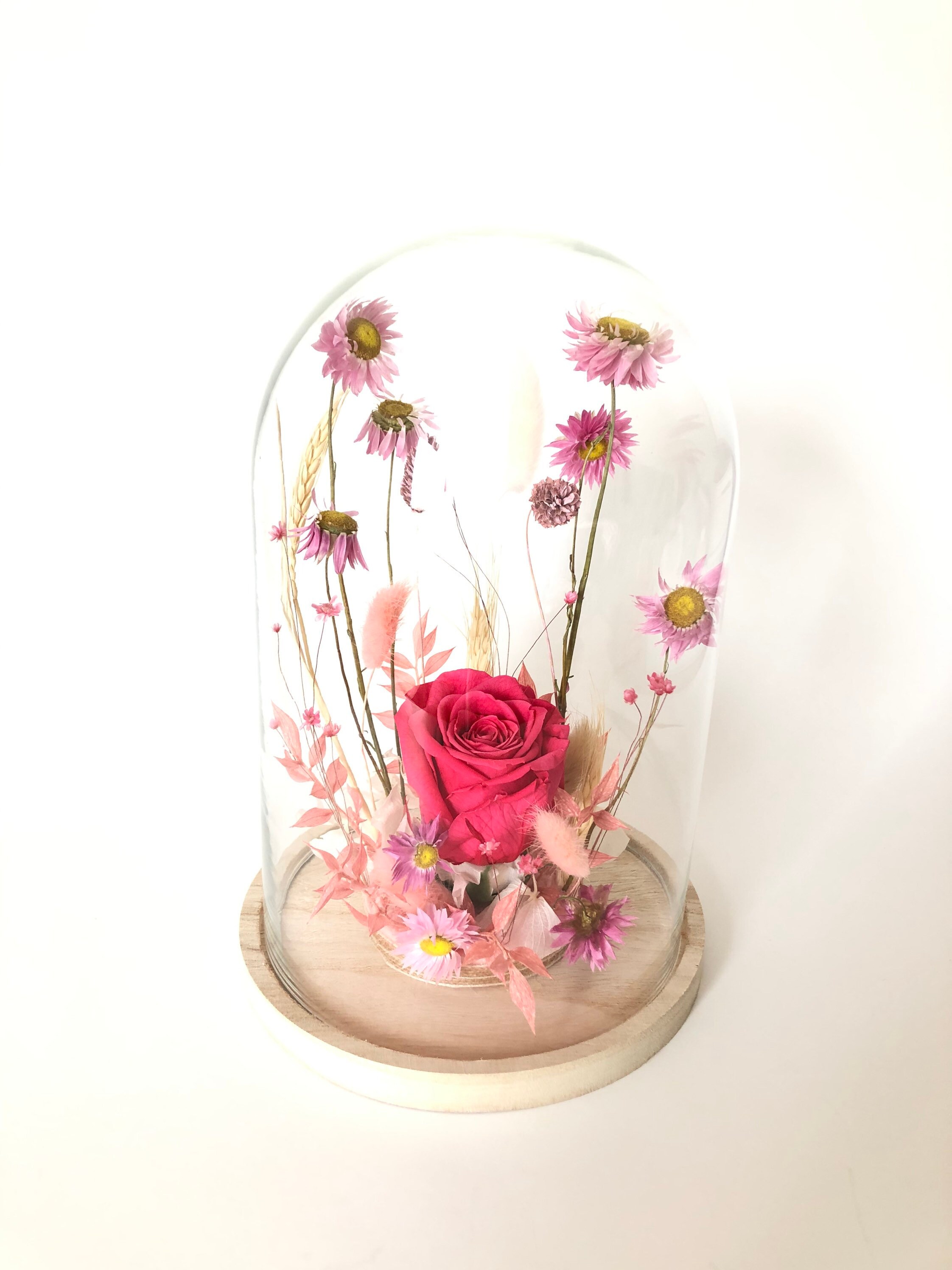 Grande Cloche en Verre Rose Stabilisée Décoration Fleurs Séchées France - Cadeau Fête Des Grands-Mèr