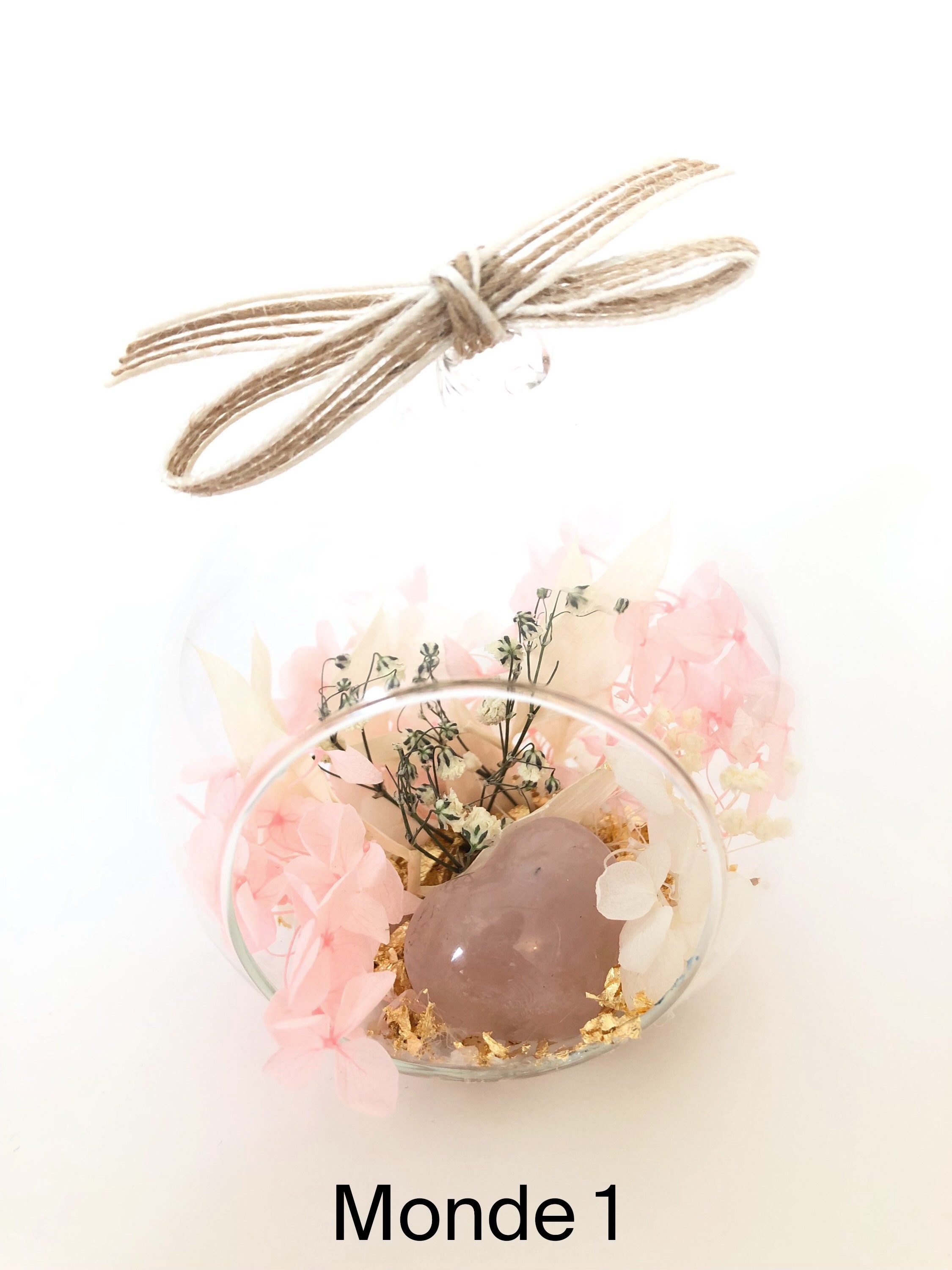 Petits Mondes Fleuries Remplies de Fleurs Séchées France et Pierre Précieuse en Forme Coeur Quartz R