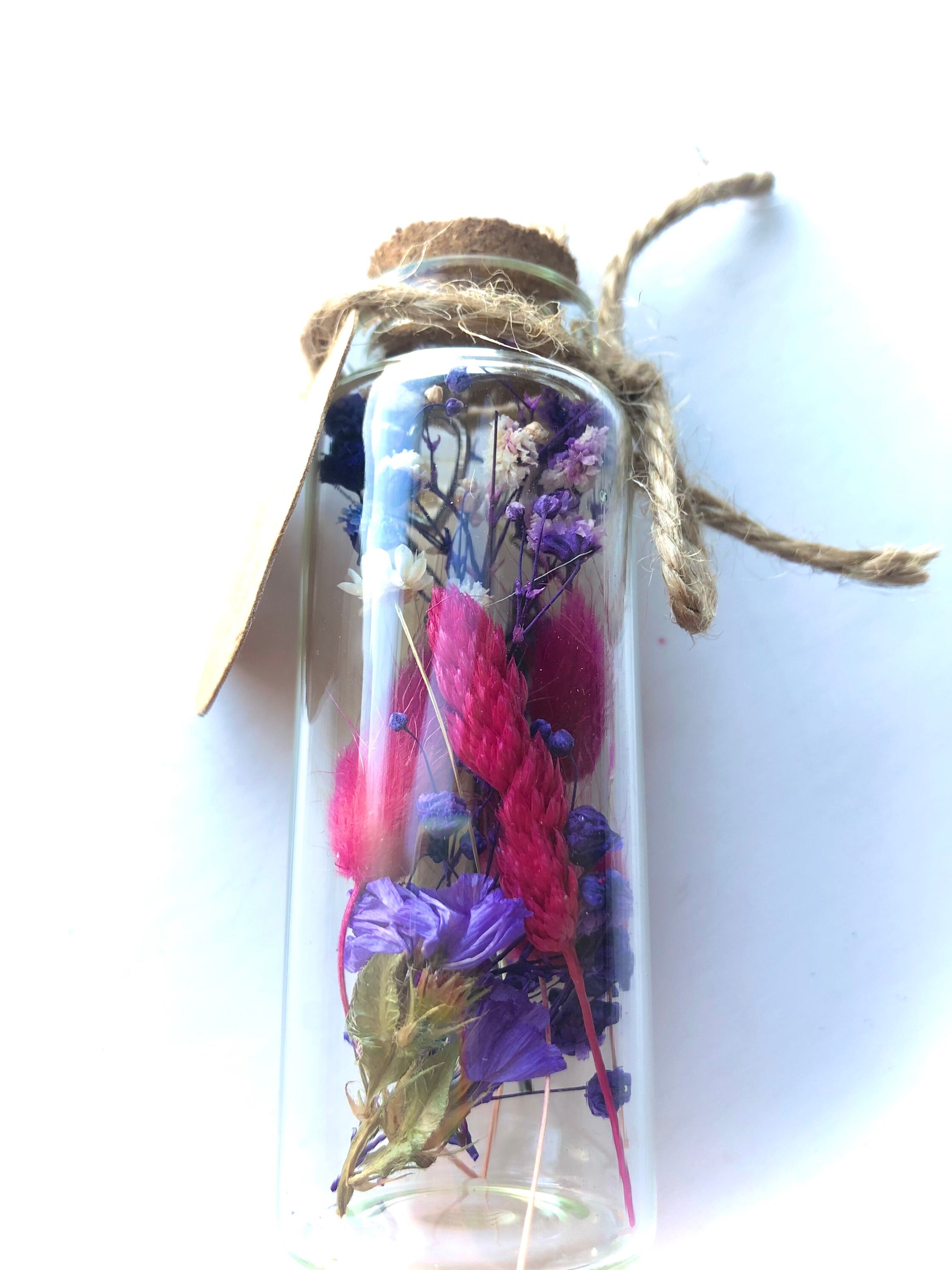 Love Bottle - Fiole d'amour avec Un Petit Pendentif Coeur Fleurs Séchées Violet Rose Blanc France Me