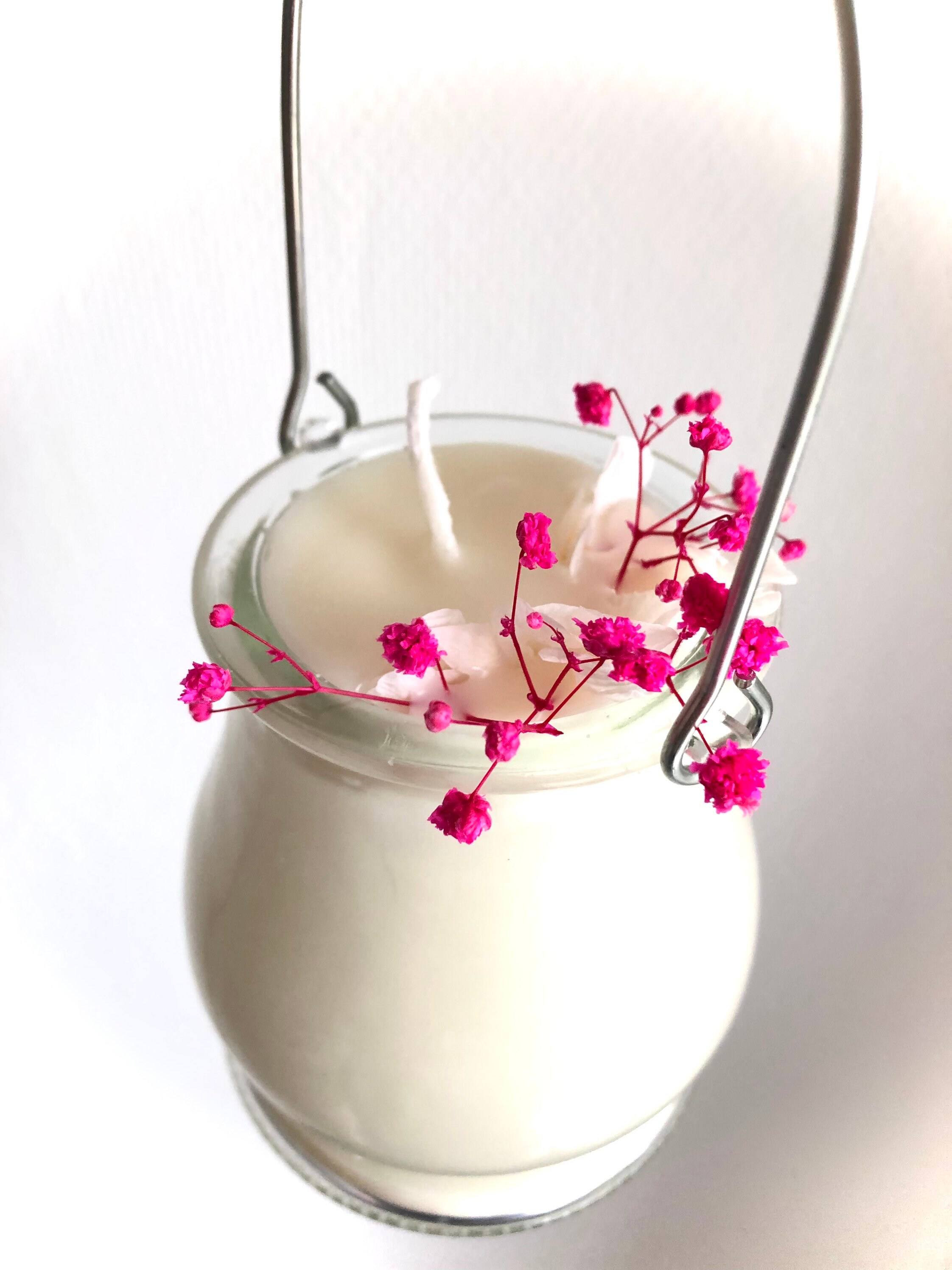 Jarre en Verre Bougie avec Fleurs Séchées Roses et Blanc - Senteur Monoï Cadeau Fête Des Mères