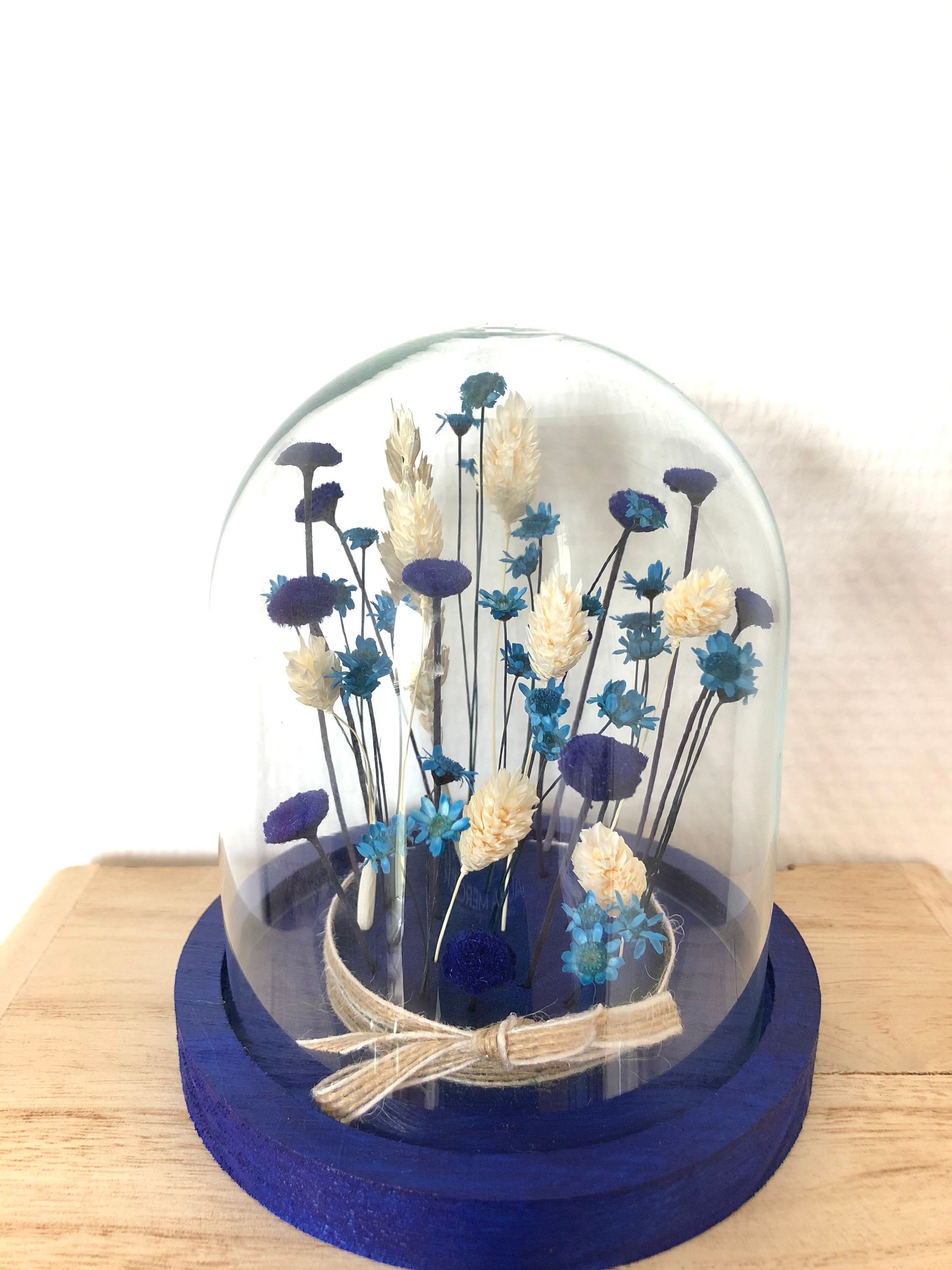 Cloche Fleurs Séchées France - Décoration Cloche en Verre Tons Bleus Cadeau Fête Des Grands-Mères