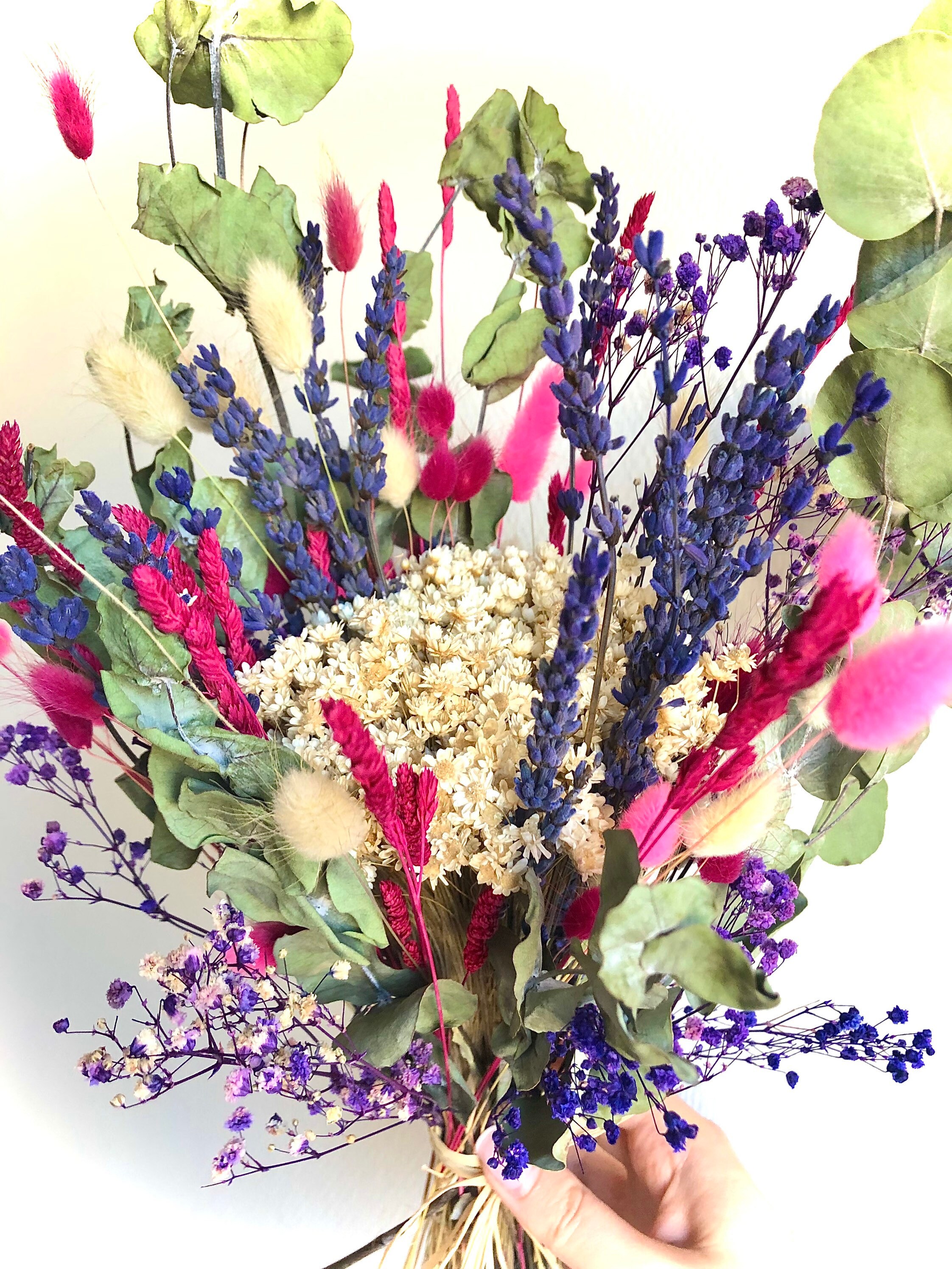 Bouquet de Fleurs Séchées France Blanc Violet Rose 40cm Env. - Cadeau Fête Des Grands-Mères