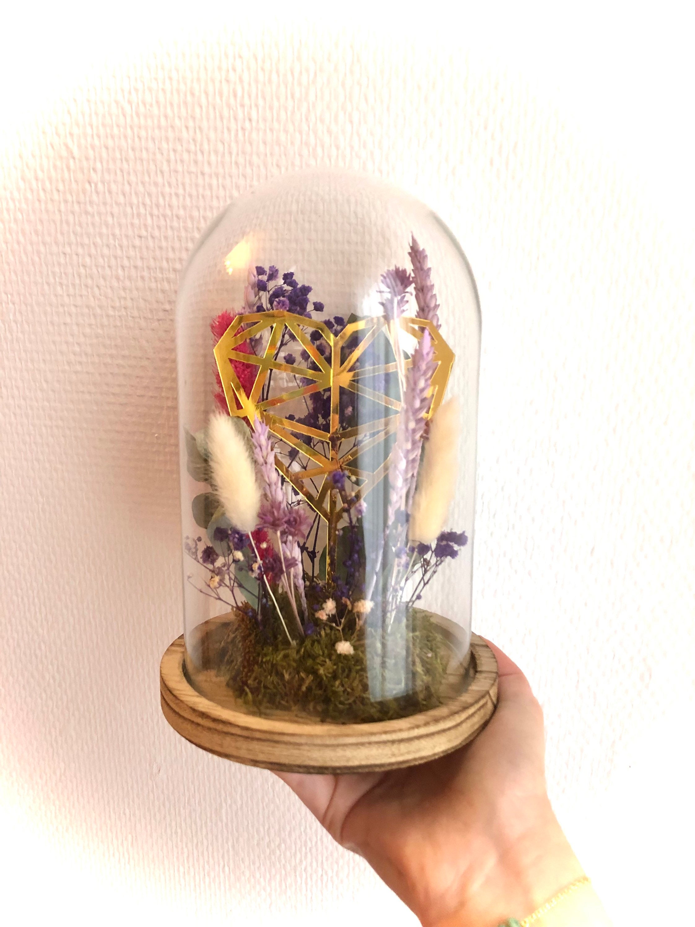 Cloche Fleurie Fleurs Séchées France avec Coeur Tons Violets 14x20cm - Cadeau Saint Valentin Cadeau 