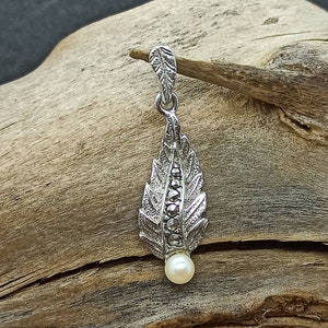 Collier design pendentif 925 argent 34 mm x 10 mm vintage plume feuille perle marcassites rare pendentif rare cadeau femmes hommes exclusif
