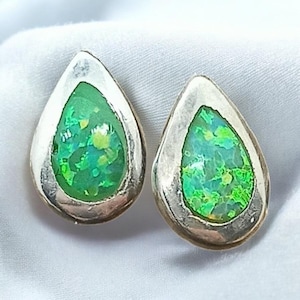 Groene Opaal Oorknopjes 925 Zilver Druppel Vintage Dames 8x 5 mm Eyecatcher Oorbellen Cadeau Druppelvormig Patina Exclusief Modern