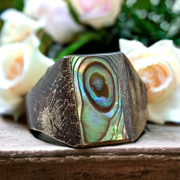 Exotischer Ring 925er Silber mit Paua Muschel Abalone Strand Lifestyle XXL 24mm Gr.75 Vintage Geschenk Design