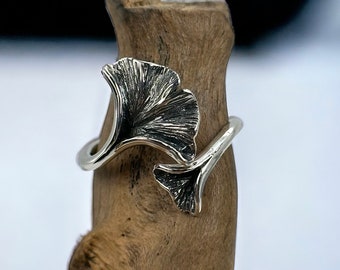 Ginkgo Ring 19,5mm Gr. 61 925er Silber verstellbar Design Vintage Geschenk Damen edel Eyecatcher Silberring Patina Retro zeitlos Natur Yoga
