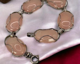 Pulsera antigua de plata auténtica de 20 cm de cuarzo rosa, hallazgo poco común en un diseño noble, idea de regalo llamativa, retro, atemporal, rareza, llamativo