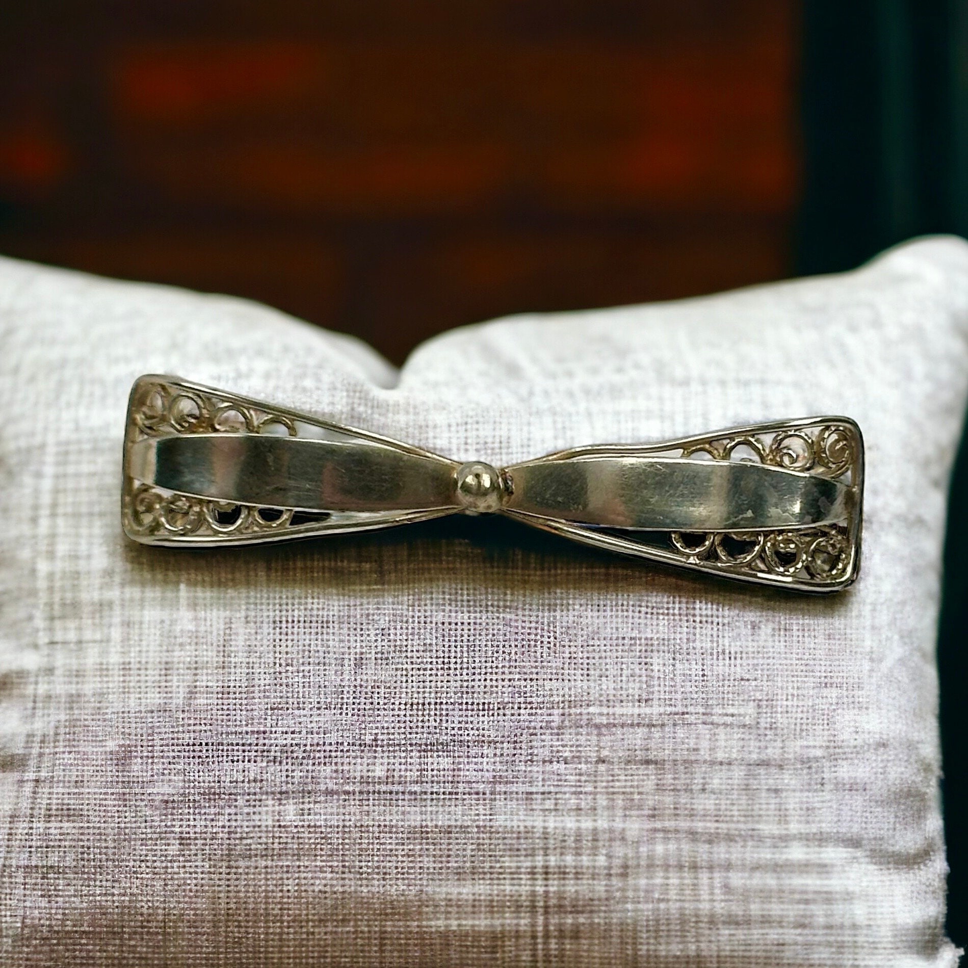 Exclusive brooch 835 silver 45 x 10 mm bow old vintage gift design ladies noble retro timeless filigree