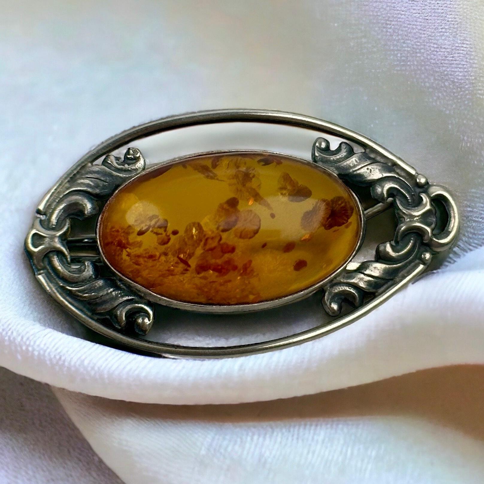 Broche Ancienne En Argent Massif Avec Ambre Véritable - Bijou Vintage 5784