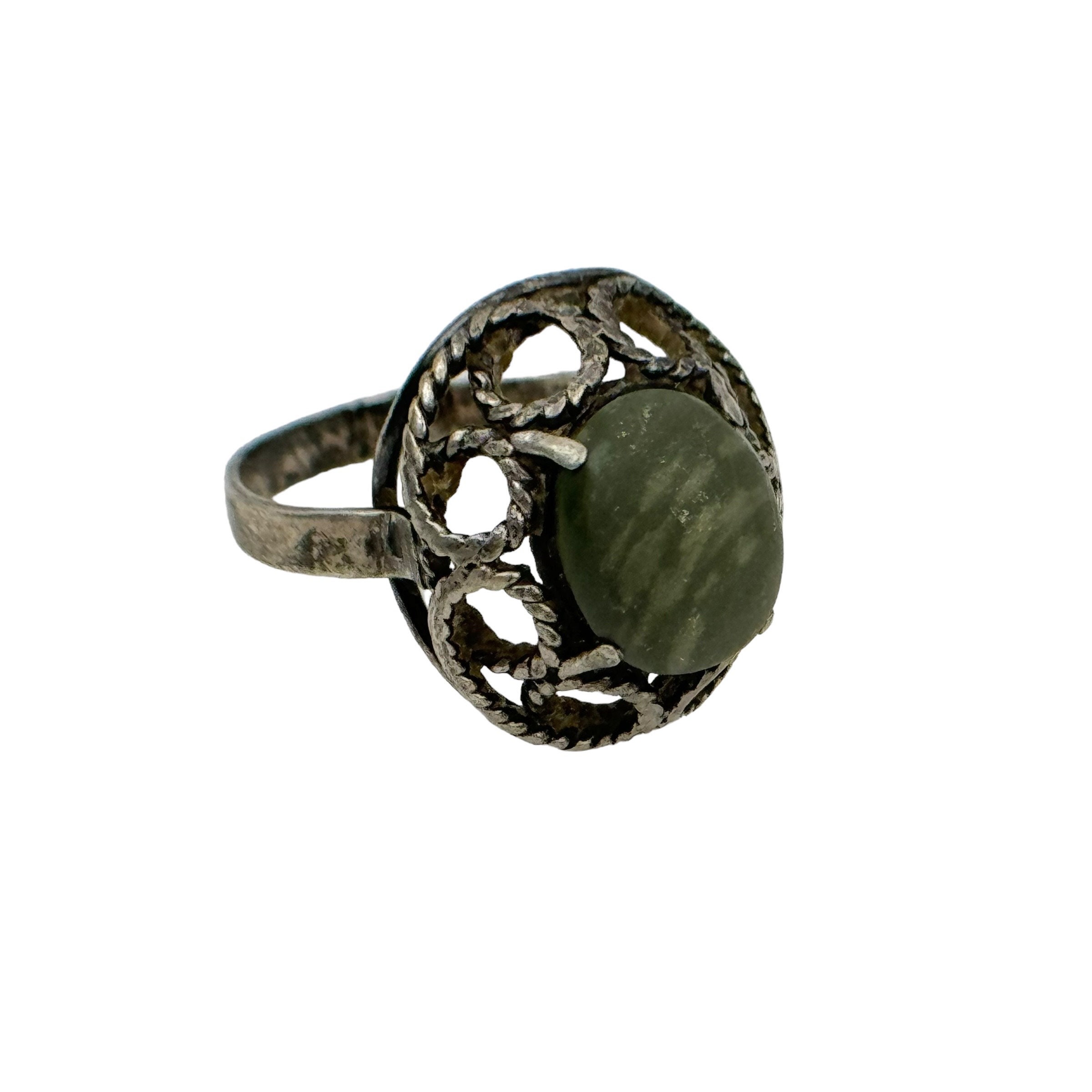 Bague Vintage Argent 835 Avec Malachite Verte 17,2mm - Bijou Fait Main Taille 54