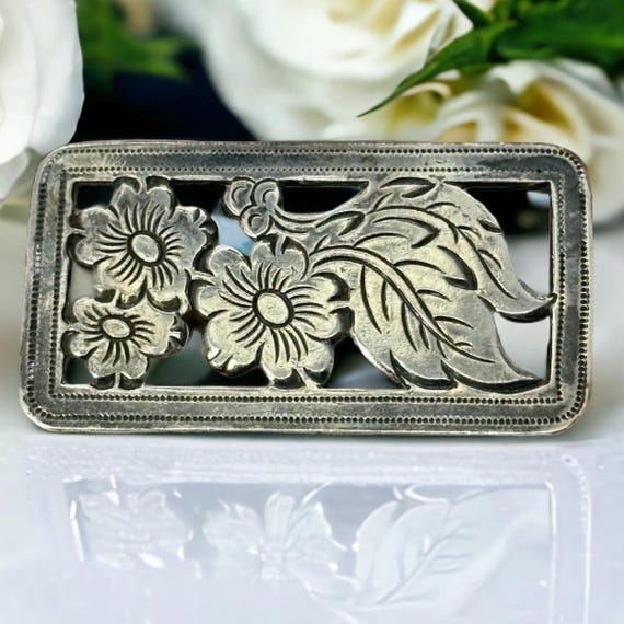 Broche Ancienne En Argent Massif 925 Poinçonnée - Fleur Avec Brillants - Occasion