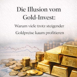 Könnte beinhalten: Das Bild zeigt Goldbarren und Münzen, mit deutschem Text: "Die Illusion vom Gold-Invest: Warum viele trotz steigender Goldpreise kaum profitieren." Die Goldbarren sind mit "999.9 FINE GOLD 1000g." gestempelt.