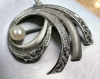 Broche Argent/or Style Art Nouveau 1900 - Marcassites & Zircon - Années 1970 - Occasion