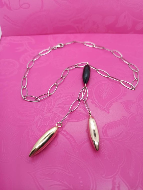 Silver chain 46 cm filigree with 3 drops black go… - image 4
