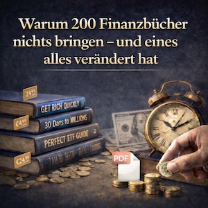 Könnte beinhalten: Bild von Finanzbüchern mit Titeln wie "Get Rich Quickly" und "30 Days to Millions." Eine Vintage-Uhr, Münzen und ein PDF-Symbol sind ebenfalls vorhanden. Der Text ist auf Deutsch.